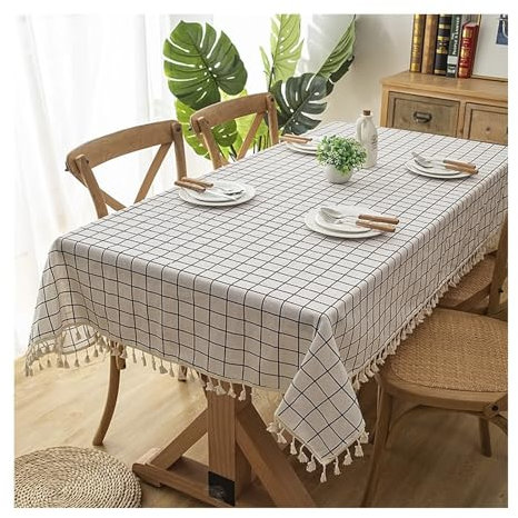 Tischdecke Weiss Baumwolle, Kleine Tischdecke Modern Plaid mit Quaste Tischtuch 120X160CM für Küche Wohnzimmer Esszimmer