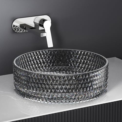EMKE Lavabo da Appoggio in Vetro Nero Opaco 36 x 36 x 11 cm, Lavandino Rotondo Effetto Cristallo per Bagno Moderno e WC Ospiti, Ciotola Senza Foro Rubinetto - Senza Rubinetto e Piletta