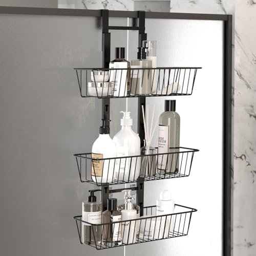 JiangLin Mensola doccia da appendere, colore nero, 0 fili, per porte della doccia in vetro, porta del bagno, mensola doccia da appendere con 3 cestelli doccia regolabili per conservare shampoo e gel