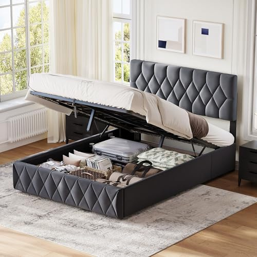 Besbed Ottoman Double Bed Frame, 4ft6 Upholstered Storage Bed with Slats and Headboard, Velvet Fabric,Without Mattress (Grey, 135 x 190 cm)