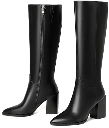vivianly Women's Knee-High Boots, Sexy Pointed Toe Block Heel Zipper, Fashion Retro High Boots