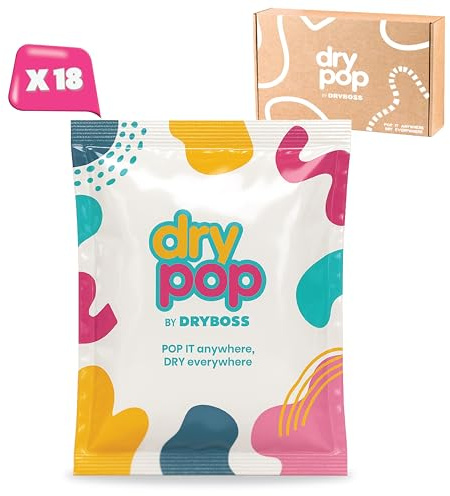DRYBOSS Pack 18 Sacchetti Antiumidità Cassetti – Deumidificatore DRYPOP 20G | Assorbi Umidità Sicuro e Compatto per Armadi, Bagno, Cucina, Auto, Cantina, Roulotte e Piccoli Spazi