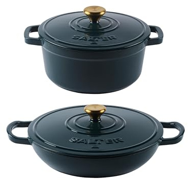 Salter Chester Cast Iron Casserole Set – 24cm & 30cm Dutch Oven/Stock Pots, Self-Basting Lids, Enamel Coated Cast Iron, Hob to Table Cooking, Oven Safe to 240°C, Induction Compatible, PFAS-Free, Green