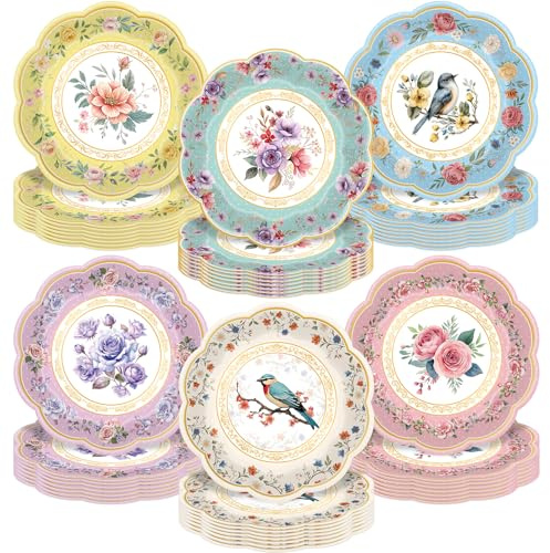 Photken 48 Pieces Vintage Floral Paper Plates – 7 Inch Round Disposable Dessert Plates with Birds and Flower Designs for Tea Parties, Bridal Showers, Weddings, and Garden Celebrations