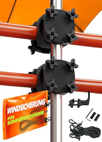 4smile 2 x Sonnenschirmhalter Balkongeländer SunnyGuy, Schwarz + Windsicherung für Sonnenschirme - Schirmhalterung Balkongeländer als Sonnenschirmständer Balkon - Sonnenschirm Halterung Balkon