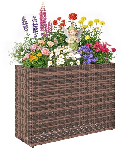 Outsunny Tall Rectangular Planter with Removable Liner, PE Wicker Large Planters for Outdoor Plants, Freestanding Indoor Outdoor Planter Box with Drainage Holes for Flowers, Vegetables, Brown