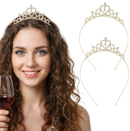 2 stycken prinsesskronor, krona damer guld prinsessa kronor flicka tiara pannband kristall strass kronor damer för bröllop brudtärna födelsedag jul huvudbonad (guld)