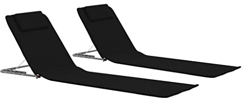 Tonture Tappetino da spiaggia pieghevole, 2 pezzi, con telaio in acciaio e tessuto, regolabile e pieghevole, ergonomico, per terrazza, balcone, esterno, lettino da giardino e piscina, nero, con