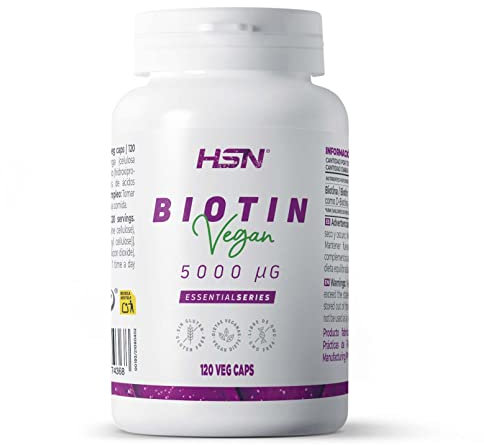 Biotine 5000mcg de HSN, Vitamine pour les Cheveux, sa Croissance et Éviter la Chute, Renforcement des Ongles, Peau plus Douce et Terse, Végétalien, Sans Gluten, 120 capsules végétales