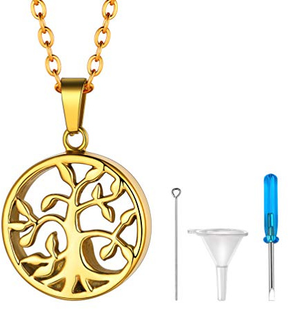 PROSTEEL Collar para Cenizas Mascota Humanas Forma Arbol de la Vida Chapado en Oro 18K, Colgante Cenizas Cremacion