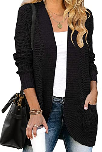 MEROKEETY Womens 2025 Fall Long Sleeve Open Front Cardigans Chunky Knit Draped Sweaters Outwear Black