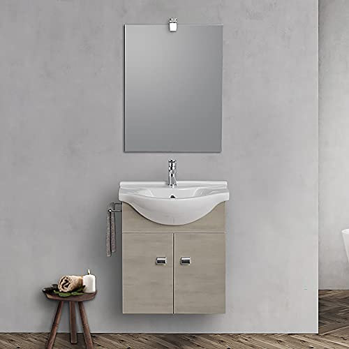 Inbagno Mobile Bagno sospeso 55 cm Salvaspazio Compatto, Include lavabo in Ceramica Specchio e Lampada LED (Rovere Grigio)