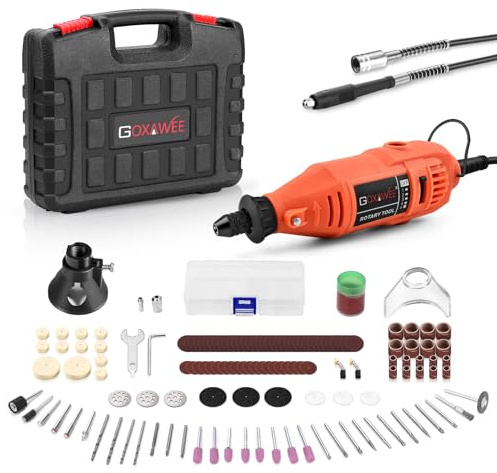 GOXAWEE Rotary Tool Kit with Keyless Drill Chuck and Flex Shaft, Variable Speed Electric Multiuse Tool & 140 Accessories for Cutting, Drilling, Engraving, Grinding, Sanding, Polishing, Crafts,and DIY