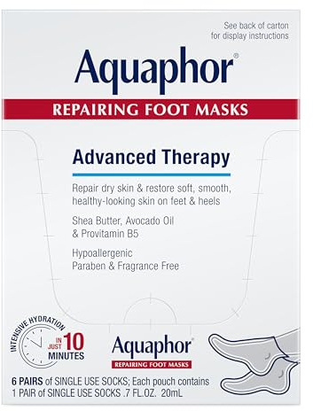 Aquaphor Repairing Foot Masks, Moisturizing Socks for Dry Feet, Hydrating Foot Care Treatment with Avocado Oil and Shea Butter, Pack of 6