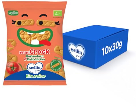 Mellin - MiniCrock Pomodoro e Rosmarino - Snack Biologico, per Bambini dal 10° Mese Compiuto - 10 Confezioni da 30 grammi (Totale 300gr)