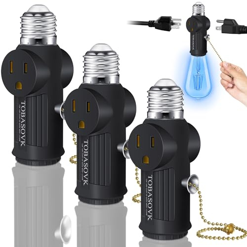 (3 Pack) Light Socket to Plug Adapter, Both Sides Support 3 Prong Light Socket Adapter, Light Bulb Outlet Socket Adapter with Switch Control, E26 E27 Light Bulb Socket Adapter - Black