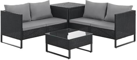 SVITA Kansas Rattanlounge Gartenmöbel Set Sitzgarnitur Outdoor Sitzlounge Terrasse Gartensofa Kissenbox Tisch Polyrattan Stahlgestell Schwarz