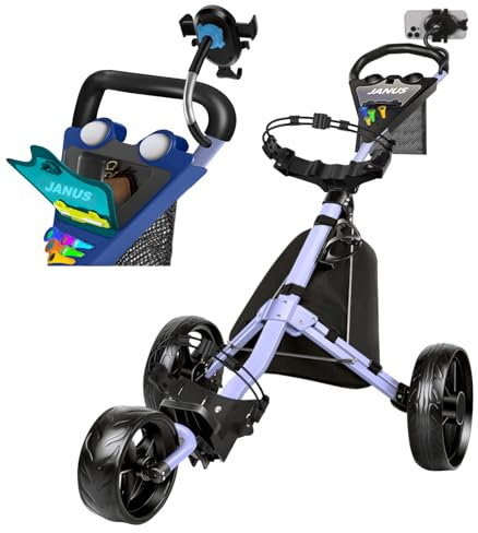 JANUS Golf Push Cart 3 Wheel, Foldable with One-Click Folding, Compact Golf Bag Cart, Wide EVA Wheels, Foot Brake, Elastic Wing Straps, Cooler Bag, Phone Holder or Gooseneck Holder