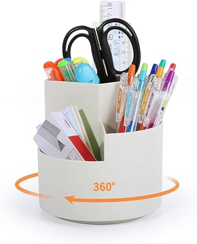 FRETONBA Rotatif Pot a Crayon, Organiseur de Bureau Rotatif à 360 Degrés | Organisateur De Bureau Rangement Stylo, Porte-stylos de Bureau avec 3 Compartiments - Blanc