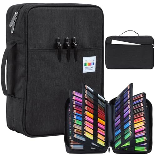 Likorlove Trousse à Crayons Grande Capacité – Étui de Rangement 300 Fentes en Tissu Oxford Imperméable avec Poignée | pour Stylos, Feutres, Pinceaux, Dessin et École (Noir)