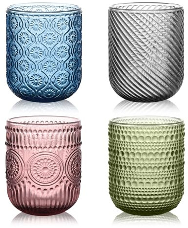 LOITTAINUE Juego de vasos de agua multicolor – Juego de 4 vasos coloridos – 250 ml vasos de agua de colores con diseño en relieve, vasos de zumo para agua, bebidas, zumo, fiesta, jardín – apto para