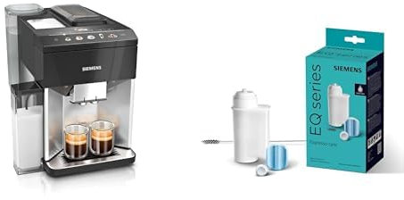 SIEMENS EQ500 Machine à café automatique, aromaDouble Shot, autoMilk Clean, coffeeSelect, Noir/Argenté + Set d’entretien TZ80004A/B avec filtre à eau BRITA et tablettes nettoyantes