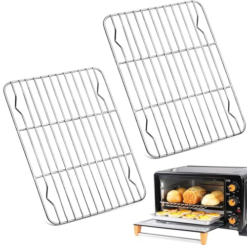 Set di 2 griglie di raffreddamento rettangolari per torte, in acciaio inox, 21,5 x 14,5 cm, argentate, riutilizzabili per cuocere, grigliare, sane e durevoli, lavabili in forno e lavastoviglie