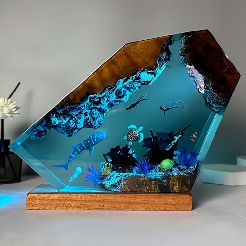 Drawelry Ocean Epoxy Resin Lamp with LED, Handmade Shark Diver Night Light, Deep Sea Decor for Desk Bedroom, Unique Birthday Gift for Men Dad Diving Lovers (Ocean World)