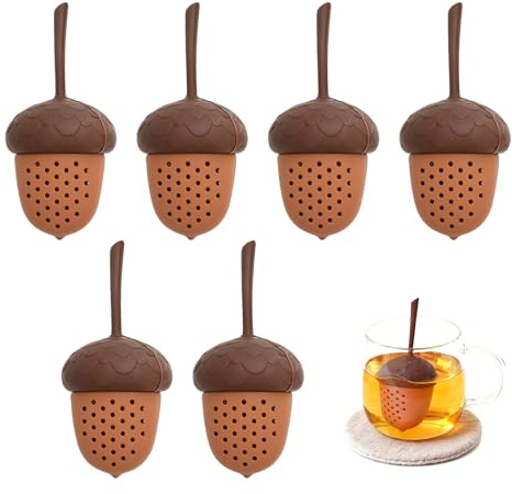 Minitefilter av silikon i ekollonform för löst te, 6 stycken tesil för kopp, högtemperaturbeständigt teägg, lätt att rengöra och återanvända – perfekt för resor och teälskare