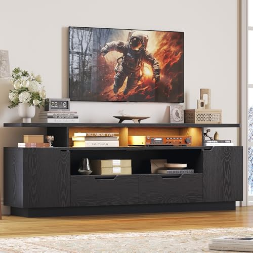 IRONCK TV Stand for TVs 85 inch with Power Outlet and LED Lights, Entertainment Center with Storage Cabinets, Media TV Console with Drawers, Modern TV Stand for Living Room, Black