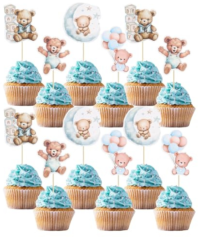 24 adornos para cupcakes, diseño de osos azules, juego de tartas, juego de decoración para bebé, con motivos de osos para baby shower, reveal de género, bautizo, decoración de magdalenas y decoración