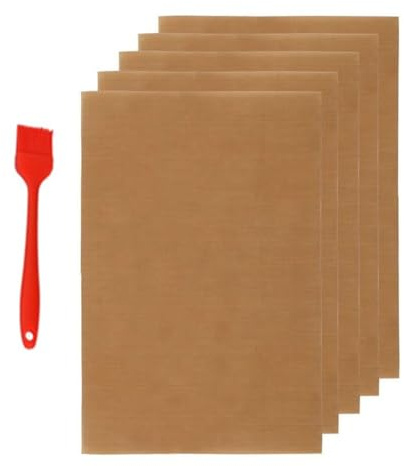 Lot de 5 tapis de barbecue réutilisables et antiadhésifs en cuivre pour la cuisson en plein air, la pâtisserie, le poisson, les légumes, avec brosse à huile, passe au lave-vaisselle - 33 x 40 cm