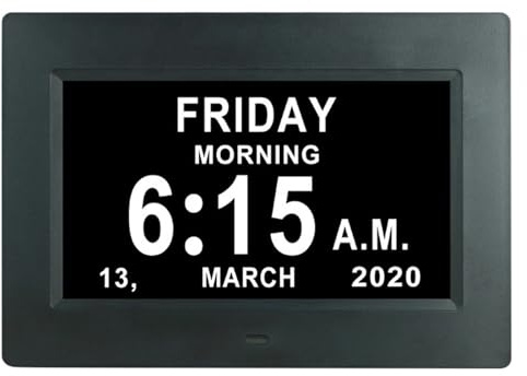 Orologio con giorno e data per anziani, opzioni digitali di allarme, 18 allarmi, display auto-dim a livello 5, per anziani, ipovedenti, perdita di memoria black