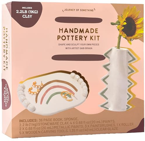 Journey of Something: Handmade Pottery Kit - DIY Adult Clay Craft Kit, Shape-Sculpt Your Own Art Pieces, Color-Metallic Paints, Carving-Rolling Tools