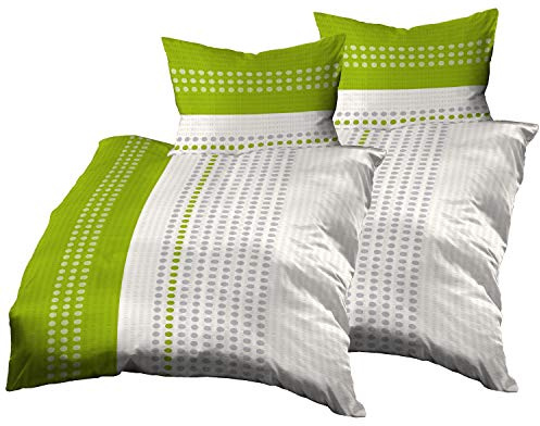 Gerald Wittmann Juego de funda nórdica Seersucker, 4 piezas, 100% algodón, ropa de cama individual, topos y rayas, verde, blanco y gris, 2 x 140 x 200 cm + 2 x 70 x 90 cm