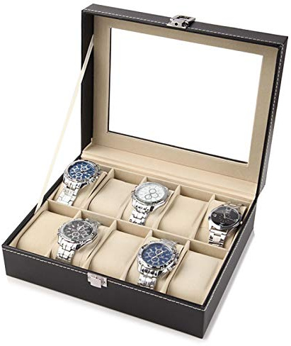 Boîte de Montre avec 10 Compartiments Boîte de Montre Boîte de Montre Boîte de Montre avec Coussins de Montre Amovibles Boîte de Rangement Boîte de Rangement Boîte de Rangement de Montre Cuir PU Noir