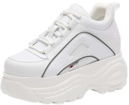 ANUFER Dam hög plattform tjocka träningsskor casual snörning sport pappa skor, Vit svart trim, 3.5 UK