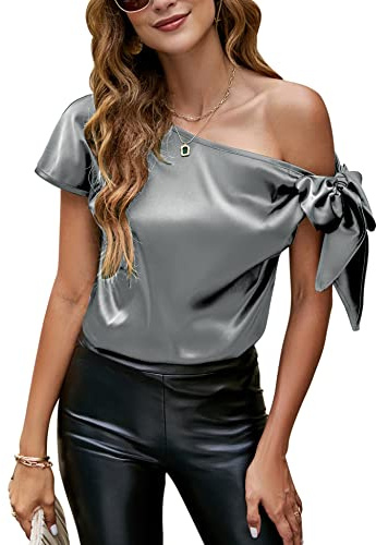 Vidussa Camicetta da donna con spalle scoperte, top casual in seta a maniche corte con scollo asimmetrico, maglietta in raso, Grigio, L