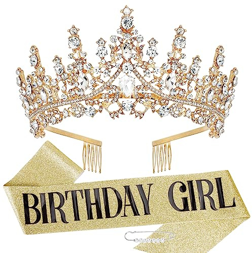 TOBATOBA Birthday Crown and Sash Set for Women and Girls - Gold Tiara, Princess Decorations, Birthday Gifts