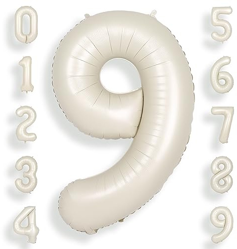 SUWEN 40 Inch Cream White 9 Number Balloon Foil 0-9 Birthday Big Numbers | 9th Birthday Anniversary Party Decorations Large Helium Number Balloons Jumbo Giant Huge Mylar
