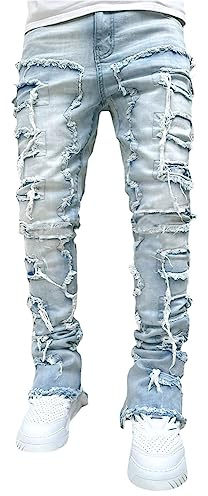 M9ppzzur7 Jeans rasgados para hombre, desgastados, ajustados, pierna recta, pantalones de mezclilla rasgados para hombre, ropa de calle, azul claro, XL
