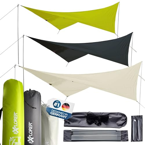EXPLORER® Sonnensegel 3x4m rechteckig wasserabweisend mit Stangen, Leinen und Heringen Sonnenschutz UPF80+ UV Schutz nach Standard 801 in grün für Balkon Garten Terrasse