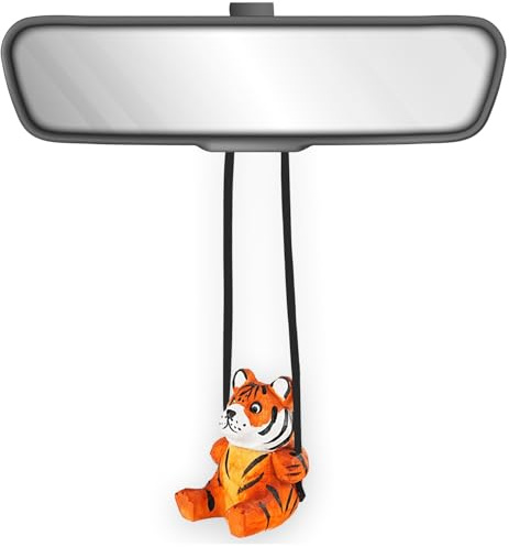 Adorno colgante de madera 100 % hecho a mano con tigre oscilante – Bonita figura de madera tallada a mano pintada para espejo de coche, accesorios para colgar en el espejo del coche, regalos de