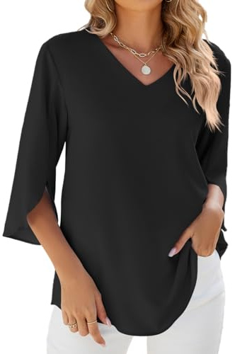 YUTILA Camicetta da donna elegante a tunica in chiffon, tinta unita, a maniche a 3/4, A-nero., XL