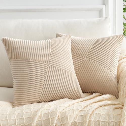 Topfinel Kissenbezug 50x50 Khaki Kordsamt 2er Set Windmühle Streifen Muster Kissenbezüge Kissenhülle Dekokissen Sofakissen Patchwork Design Deko Wohnzimmer Bett Schlafzimmer Sofa