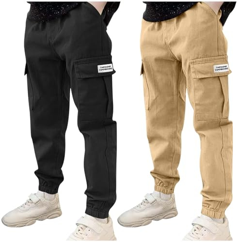 duxyoz Lot de 2 pantalons cargo pour garçon avec poches multiples, pantalons de survêtement élastiques avec taille élastique, pantalons de sport durables en coton décontracté de couleur unie