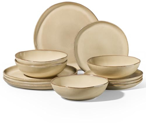Homikit 12-Piece Dinner Set, Reactive Glaze Stoneware Dinnerware for 4 People, Irregular Shape Crockery with Plates and Bowls, Non-Toxic & Non-Scratch, Microwave and Dishwasher Safe - Caramel Dusk