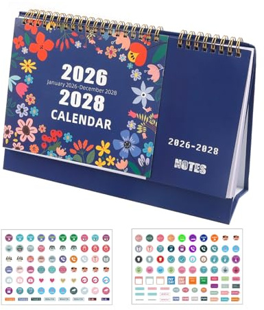 Calendrier 2026-2028, année scolaire, trois ans, janvier 2026 à déc 2028, calendrier familial, format paysage, avec 144 autocollants et jours fériés mondiaux (26,5 x 18,5 cm)