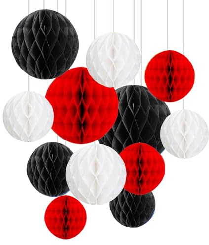 ZYOOO 12pcs Paper Honeycomb Balls, 15/25cm Tissue Paper Hanging Balls for Birthday Party,Christmas,Graduations,Wedding Decorations (Red,Black,White)