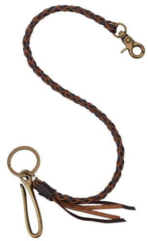 CABODYALS Cadena de Cuero Genuino para Pantalones, Borla Trenzada, Accesorio de Moda, Llavero Premium, Adorno para Pantalones Vaqueros, Cierres de Bronce Antiguo, Cadenas para Pantalones de Color Marr